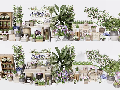 Decorative Bonsai and Potted Plants Display on Wooden Shelves with Various Containers 3d model