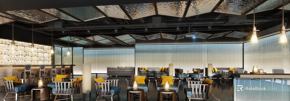 Contemporary Bar Interior Design With Decorative Ceiling Lighting Comfortable Seating And Stylish Bar Counter 3d model 