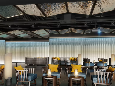 Contemporary Bar Interior Design With Decorative Ceiling Lighting Comfortable Seating And Stylish Bar Counter 3d model