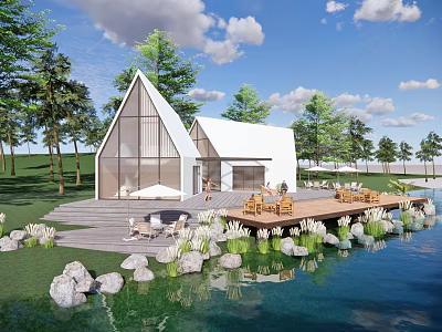 Modern Detached Villa With Triangular Roof Glass Walls And Lakeside Wooden Deck Surrounded By Greenery 3d model