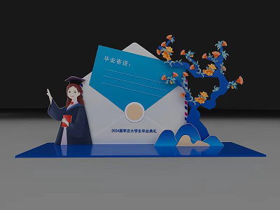 2024 University Graduation Ceremony Photo Spot With Graduate Cap Gown Envelope And Flower Branch 3d model