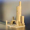 Ancient Architectural Model Featuring Tower Structure With Multiple Floors And Stone Columns