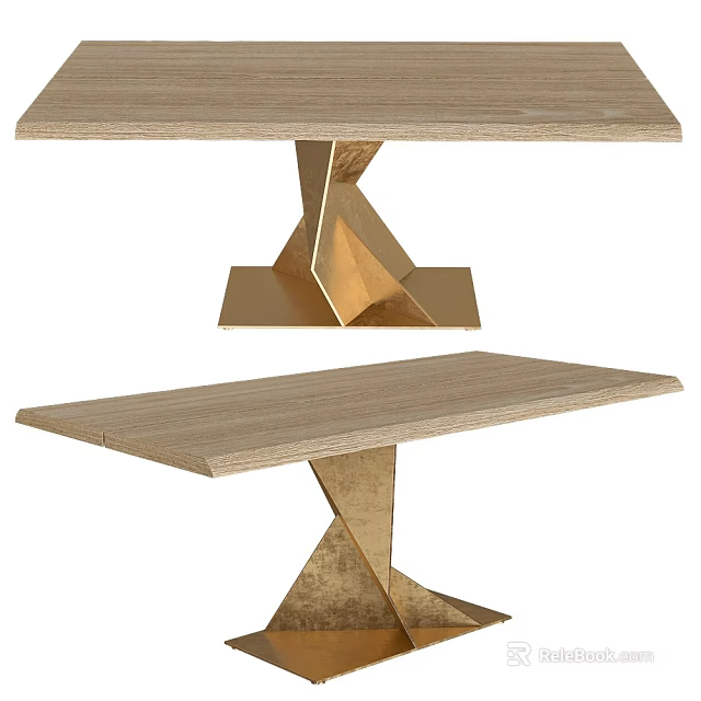 Modern Wooden Dining Table with Golden Geometric Metal Base and Contemporary Stylish Design 3d model 