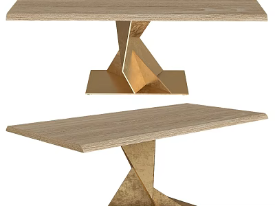Modern Wooden Dining Table with Golden Geometric Metal Base and Contemporary Stylish Design 3d model