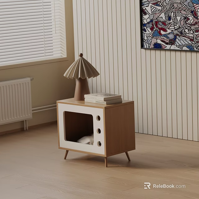 Wooden Bedside Table With Cat Bed Design Table Lamp And Stacked Books 3d model