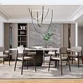 Restaurant Elegant Dining Room Featuring Round Table Modern Chairs Chandelier Marble Wall And Greenery