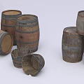 Vintage Wooden Barrels In Various Sizes With Stacked And Single Arrangements