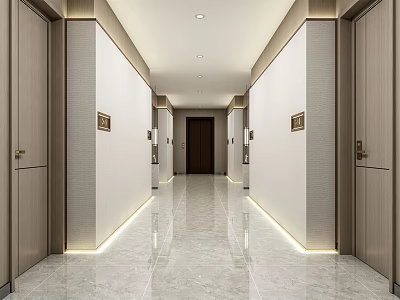 Hotel Corridor Modern Design with Light Colored Walls Side Doors and Polished Marble Flooring 3d model