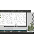 Modern Feature Wall with Perforated Pattern Water Feature and Cacti Palm Trees in Garden 3d model