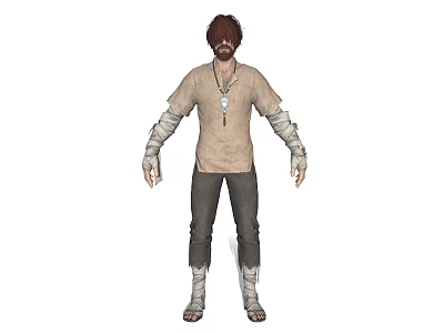 Adventurous Bearded Game Movie Character With Brown Hair Light T-Shirt And Arm Leg Bandages 3d model