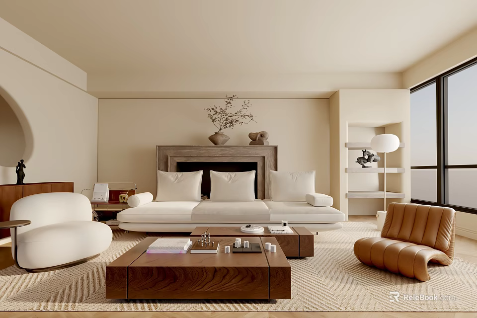 Modern Minimalist Living Room With White Sofa Brown Leather Chair And Fireplace 3d model 
