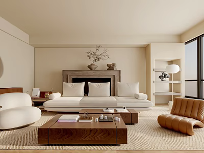 Modern Minimalist Living Room With White Sofa Brown Leather Chair And Fireplace 3d model