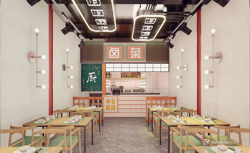 Marinated Dishes Restaurant Interior Design With Dining Tables Chairs Open Kitchen And Lighting 3d model 