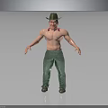 3D Male Character Model With Cowboy Hat Bare Chest Shiny Green Pants And Dark Background