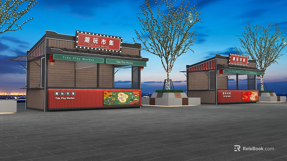 Trendy Play Market Stalls With Red Exterior Green Awnings And Evening Sky 3d model 