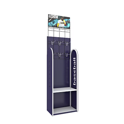 Navy Blue Retail Display Rack with Hooks Shelves and Seasonal Signboard for Baseball Items 3d model