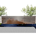 Wooden Slatted Feature Wall With Mountain Pattern Surrounded By Trees Water Pool And Stone Ground