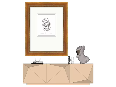 Golden Framed Plant Art Above Geometric Cabinet With Teacup Books Penguin Figurine And Gray Toy 3d model
