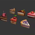 Delicious Colorful Cake Slices with Various Fruits and Cream Decorations on Dark Background
