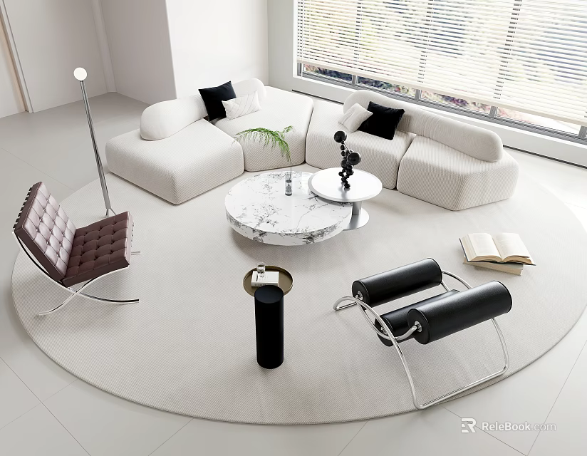 Modern Living Room White Sofa Coffee Table Set With Round Marble Top And Black Cushions 3d model 