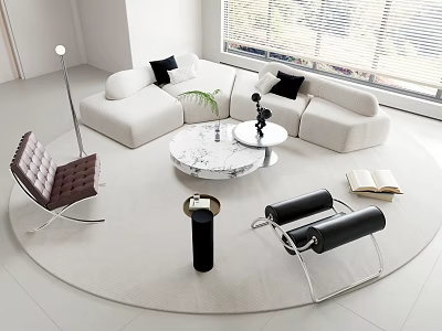 Modern Living Room White Sofa Coffee Table Set With Round Marble Top And Black Cushions 3d model