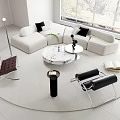 Modern Living Room White Sofa Coffee Table Set With Round Marble Top And Black Cushions