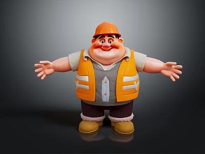 3D Cartoon Game Movie Character with Orange Hardhat Yellow Safety Vest Smiling Open Arms Pose 3d model