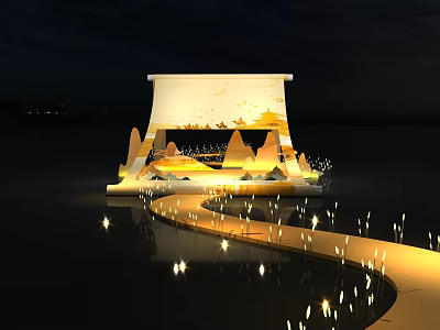 Scroll Shaped Stage on Water at Night with Mountain Decorations and Illuminated Path 3d model