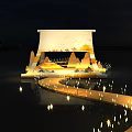 Scroll Shaped Stage on Water at Night with Mountain Decorations and Illuminated Path
