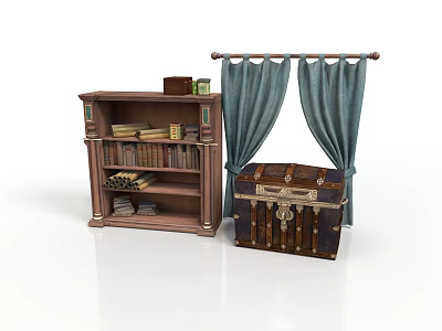 Wooden Bookshelf With Books And Decorative Items Blue Curtains And Vintage Trunk 3d model