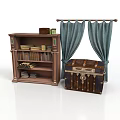 Wooden Bookshelf With Books And Decorative Items Blue Curtains And Vintage Trunk