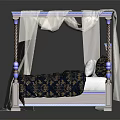 Elegant Four Poster Double Bed With Wooden Frame White Canopy Curtains And Patterned Bedspread