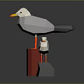 Low Poly Style Seagull Figurines Standing On Red Pillar And Gray Stone With Pink Bases
