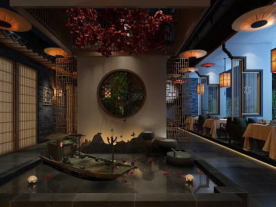 Traditional Chinese Restaurant Interior With Round Window Lanterns Wooden Lattice And Rockery Decor 3d model