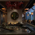 Traditional Chinese Restaurant Interior With Round Window Lanterns Wooden Lattice And Rockery Decor