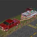 Red Pickup Truck Towing Boat With Orange Cones In Parking Area