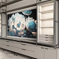 Modern Shelf Unit With TV And Peony Artwork Drawers And Shelves