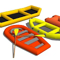 Colorful Inflatable Water Play Boats With Yellow Red Orange Designs And Paddles