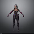 3D Female Character Model With Blue Gray Hair And Dark Purple Accented Outfit