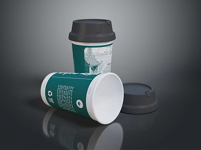 Green And White Disposable Paper Cups With Lids And Recyclable Symbol For Daily Use 3d model