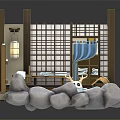Traditional Japanese Cottage Featuring Onsen Garden With Wooden Fence And Stone Decorations