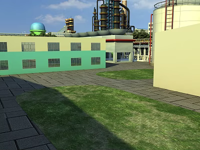 Industrial Factory Building With Storage Tanks Towers Paved Ground And Green Lawn Area 3d model