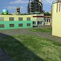 Industrial Factory Building With Storage Tanks Towers Paved Ground And Green Lawn Area