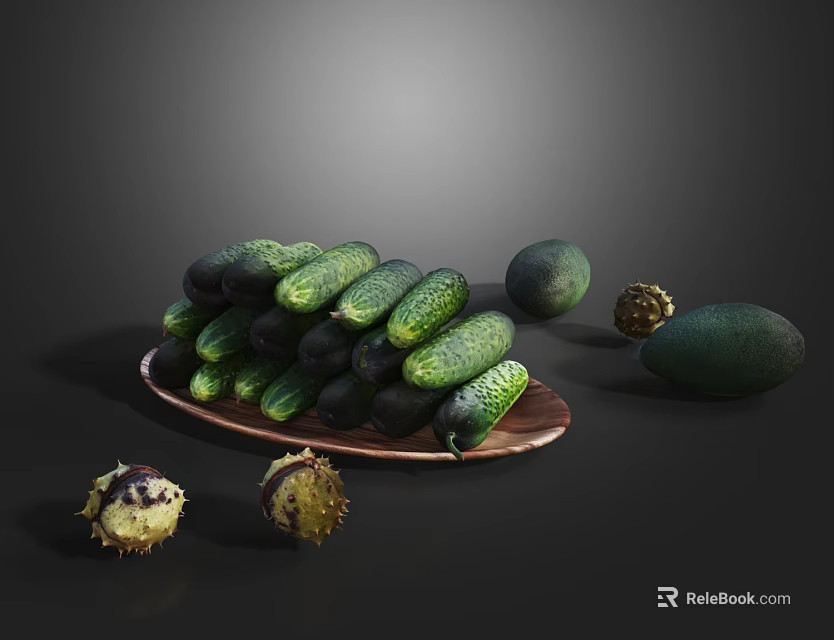 Fresh Green Vegetables Cucumbers Avocados And Horned Melons On Wooden Plate Dark Background 3d model 