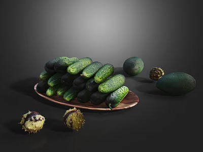 Fresh Green Vegetables Cucumbers Avocados And Horned Melons On Wooden Plate Dark Background 3d model