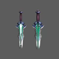 Detailed Decorative Swords With Green Glowing Blades And Purple Hilts Design