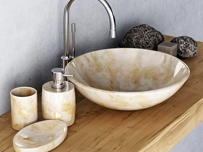 Modern Bathroom Cream Colored Stone Washbasin With Silver Faucet Wooden Countertop And Matching Accessories 3d model