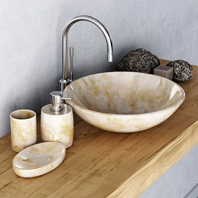 Modern Bathroom Cream Colored Stone Washbasin With Silver Faucet Wooden Countertop And Matching Accessories 3d model