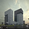 Modern High Rise Office Building With Glass Curtain Wall Urban Street View Traffic And Greenery