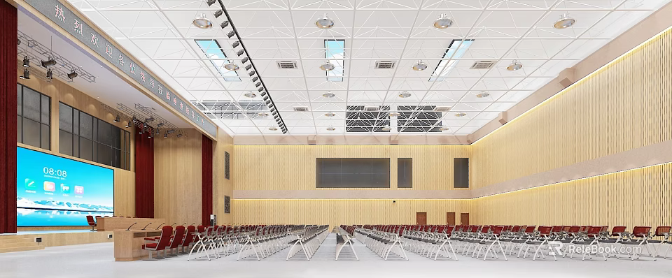 Spacious Conference Hall Featuring Wooden Walls Recessed Lights Skylights Large Screen Red And White Chairs 3d model 